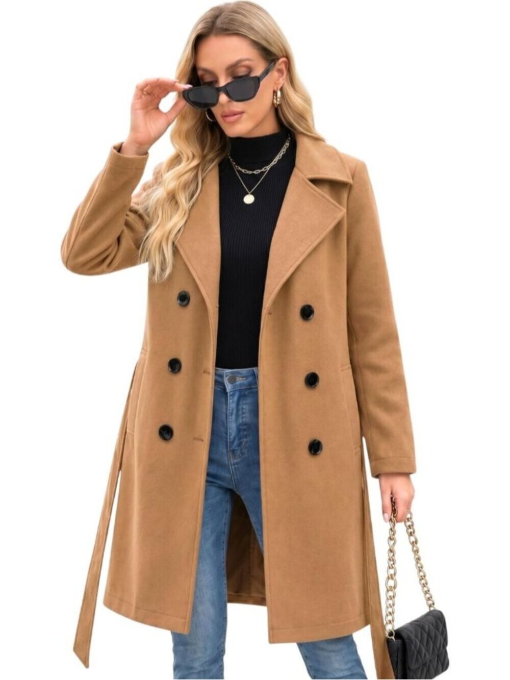 Women's Camel 100% Polyester Double Breasted Long Winter Faux Wool Trench Coats